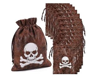 Richness Bolsas piratas con cordón de 4.5 x 6.5 pulgadas, piel de vaca sintética, bolsas pirata, para recuerdos de fiesta pirata, paquete de 12