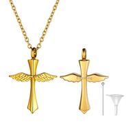 Richsteel ala con Cruz Porta Cenizas Colllar Rellenar Cenizas Relicario Cremacion, Colgante para Cenizas Acero Inoxidable con Baño de Oro 18K