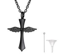Richsteel DIY Cruz ala de Ángel Guardapelo Negro Relicario Perfume Colgante para Cenizas Urna cremación Amor Querido Recuerdo Cerca de Corazón, Cadena Acero Inoxidable Hombre Mujer Ajustable
