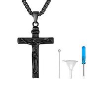 Richsteel DIY Guardapelo Crucifijio Collar Negro Ajustable Base Acero inoxidable, Relicario Perfume Urna Colgante para cenizas Amor Querido Recuerdo cerca de corazón, Servicio Personalizable