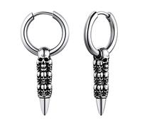 Richsteel Pendientes Redondos Colgantes Cabeza de Demonio Craneo, Aros con Detalles Calaveras Acero Inoxidable color Platino