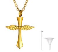 Richsteel Personalizable Cruz ala de Ángela Guardapelo Chapado en Oro Colgante para Cenizas Relicario Perfume Urna Cremación Amor Recuerdo Cerca de Corazón, Cadena Dorada Base Acero Inoxidable