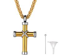 Richsteel Personalizable Guardapelo Cruz Colgante Collar Dorado Relicario Perfume Urna Cremación Recuerdo Amor Querido, Dije Oro Chapado, Gratis Caja de Regalo