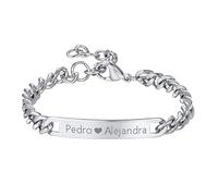 Richsteel Pulsera Esclava de Identidad con Etiqueta para Pareja Enamorados, Pulsera de Cadenas Cubanas de Acero Inoxidable color Plata, 18cm - 23cm Largo