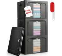 RICHXEL 3 Cajas Almacenaje Ropa 66L Armario Marco Metálico · Rígidas Apilables Tela con Tapa y Cremallera - Organizador Sábanas Mantas con Quitapelusas de Regalo