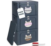 RICHXEL 3 Cajas Almacenaje Ropa 66L para Armario de Tela Rígidas y Plegables con Tapa y Cremallera · Ventana Decorativa · Incluye Quitapelusas