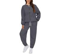 Richymfa Conjunto de mujer elegante completo de algodón de dos piezas sudadera con capucha pantalones cómodos completo senderismo manga larga traje tallas grandes para fitness yoga, gris oscuro, M