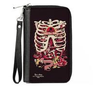 Rick and Morty - Tarjetero con cremallera alrededor, diseño de jaula acanalada de Rick and Morty Anatomy Park, negro, cuero vegano, 7.5 x 4.5 pulgadas, casual