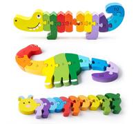 RICNEV® Montessori Puzzle de madera a partir de 18 meses, aprendizaje de números y colores, juego de 3 puzzles de animales de madera: cocodrilo, dinosaurio y oruga de 25 cm, piezas extra gruesas de