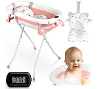 Ricokids Bañera para bebé con soporte, termómetro y cojín de baño, plegable, ligera, antideslizante, color blanco y rosa
