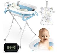 Ricokids Bañera para bebé con soporte, termómetro y cojín de baño, plegable, ligera, antideslizante, color blanco y azul
