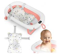 Ricokids Bañera Plegable Bebé con Termómetro y Almohadilla - Ligera y Antideslizante - Blanco-Rosa