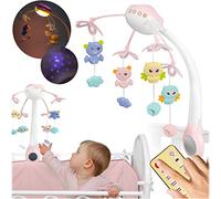 Ricokids Carrusel de cuna rosa con proyector RK-813, mando a distancia, cuatro juguetes colgantes LED, 13 melodías, temporizador de 10/20/30 min, tres modos LED