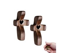 RICOKJRDE Llavero de cruz de madera de nogal artesanal con colgante de corazón, regalo de aliento para la suerte y la felicidad (A-2PC)