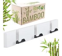 RICOO Colgador de Pared Bambú y Acero, Elegante y Espacioso, MH023S-W Percha Pared, Perfecto para Habitaciones y Entradas - Barra con 3 Ganchos, 2x30x5,5 cm, Blanco