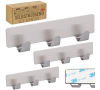 RICOO Ganchos Adhesivos Para Pared, MH020-3, Colgador adhesivo pared con 3 Ganchos de Acero Inoxidable, Ganchos pared para colgar, Colgador Pared Adhesivo, 12 x 3 x 1,7 cm, Juego de 3, Plateado