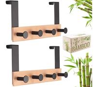 RICOO Perchero de Puerta con 4 Ganchos MH029N-4x2, Montaje Sin Perforaciones, 25x13x6,6cm, Diseño Elegante en Color natural, Ideal para Baños, Dormitorios y Cocinas, Bambú y Acero, 2 piezas