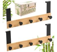 RICOO Perchero de Puerta con 5 Ganchos MH029N-5x2, Montaje Sin Perforaciones, 32x13x6,6cm, Diseño Elegante en Color natural, Ideal para Baños, Dormitorios y Cocinas, Bambú y Acero, 2 piezas