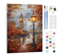 RICUVED Otoño Paisaje Pintura por Números para Adultos y Niños 20x30cm -Londres Kit DIY con Marco de Madera, Pinturas al Óleo, Pinceles y Bandas Magnéticas para Decorar Tu Casa