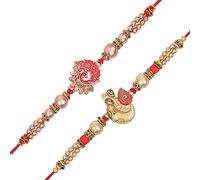 Riddhika Ventures Meenakari Ganesh y pavo real Rakhi chapado en oro (juego de 2) con Roli Chawal y tarjeta de felicitación (K4K5)
