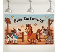 Ride 'Em Cowboy - Telón de fondo para fiesta temática de granja de animales, colorido fondo retro para fotografía, suministros de fiesta de cumpleaños occidental, 71 x 43 pulgadas