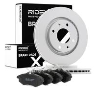RIDEX 3405B1524 Juego para eje Kit de discos de freno y pastillas Delantero con muelle sin perno de sujeción de rueda Chapa antichirridos con tornillos compatible con CITROËN C3 II SC