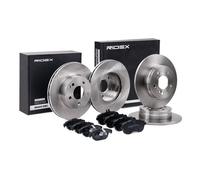 RIDEX Kit de discos de freno y pastillas 3405B1660 Eje delantero & Eje trasero Chapa antichirridos & con clip de émbolo ventilación interna & macizo