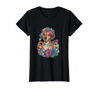 Ridgeback de Rodesia y Hermosas Flores Camiseta gráfica económica, Mujer, Negro, M