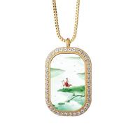 Riding A Horse Go - Collar con colgante de acuarela china con diamantes de cristal dorado