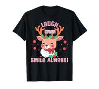 Ríe A Menudo Sonríe Siempre Reno Navideño Adorable Camiseta
