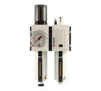 RIEGLER FU 601-M FUTURA Unidad de mantenimiento de dos piezas con depósito de metal, tubo de visión y manómetro, semiautomático, tamaño 1, 0,5-8 bar, G 1/4"