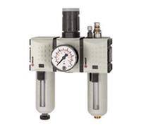 RIEGLER FU 621-1 FUTURA Unidad de mantenimiento de tres piezas con depósito de policarbonato, cesta protectora y manómetro, semiautomático, tamaño 1, 0,1 - 1 bar, G 1/4"