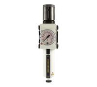 RIEGLER FU 812-M-4 FUTURA - Regulador de filtro con depósito de metal, tubo de visión y manómetro, semiautomático, tamaño 1, 0,2-4 bar, G 3/8"