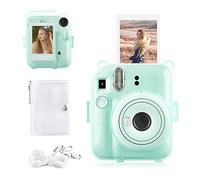 Rieibi Funda para Instax Mini 12 - Funda cámara instantánea Fujifilm Instax Mini 12 con Bolsillo Trasero para Fotos, Correa Transparente para el Hombro y Mini álbum de Fotos-Verde