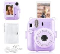 Rieibi Funda para Instax Mini 12 - Funda cámara instantánea Fujifilm Instax Mini 12 con Bolsillo Trasero para Fotos, Correa Transparente para el Hombro y Mini álbum de Fotos-Púrpura