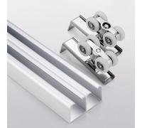 Riel Puerta Corredera Doble de Aluminio Juego de Herrajes Puertas Correderas con Ruedas y Guia 1-6.6 m Kit Puerta Corredera de Armario/Granero/Dormitorio Silencioso y Suave(Blanco,1.5m/4.9ft)