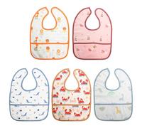 Rieoany 5 Piezas Baberos Bebé Recién Nacido Impermeables, Baberos Impermeables con Bolsillo, Babero Bebe Recién Nacido Lavables para Comer y Jugar, Estampados Divertidos de Animales