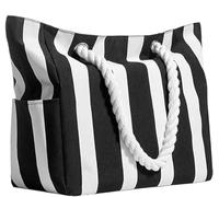 Rierousy Bolsa de playa XXL con cremallera, bolsa de baño grande, 50 x 35 x 15 cm, bolsa de piscina con varios bolsillos, plegable para playa, viajes, bolsa de compras, bolsa de viaje, negro y blanco