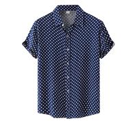 Rifuli Camisas de lino para hombre casuales con gráfico de lunares elegantes, camisas de manga corta con botones sin bolsillo, azul marino, M