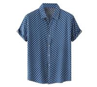 Rifuli Camisas de lino para hombre casuales con gráfico de lunares elegantes, camisas de manga corta con botones sin bolsillos, azul, XL