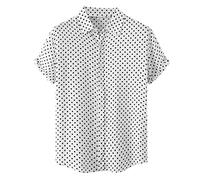 Rifuli Camisas de lino para hombre casuales con gráfico de lunares elegantes, camisas de manga corta con botones sin bolsillos, blanco, M