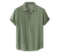 Rifuli Camisas de lino para hombre casuales con gráfico de lunares elegantes, camisas de manga corta con botones sin bolsillos, verde, XL