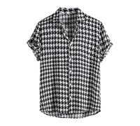 Rifuli Camisas para hombre informales con estampado inteligente de pata de gallo/lunares de manga corta con botones, sin bolsillo, Negro, L