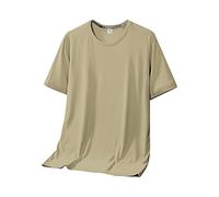 Rifuli Camisetas de seda de hielo para hombre, cuello redondo, manga corta, transpirables, cómodas, modernas, informales, ajustadas, lisas, para hombre, caqui, XXXXXL