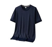 Rifuli Camisetas de seda de hielo para hombre, cuello redondo, manga corta, transpirables, cómodas, modernas, informales, ajustadas, lisas, para hombre, azul marino, L