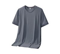 Rifuli Camisetas de seda de hielo para hombre, cuello redondo, manga corta, transpirables, cómodas, modernas, informales, ajustadas, lisas, para hombre, gris oscuro, L