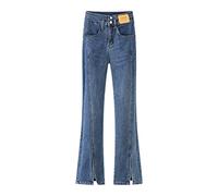 Rifuli Jeans de corte de bota para adolescentes y mujeres, cintura alta, holgados, holgados, de pierna ancha con abertura, azul oscuro, L