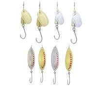 RIGGED & READY TRAVEL FISHING - Juego de 8 señuelos de pesca sin rebaba y cucharas grandes de alta calidad, 4 spinners, 100% sin rebaba, diseños clásicos (grande, 8 piezas)
