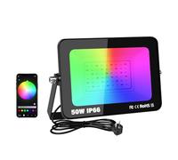 RIGIDON 1X 50W Foco Led RGB Exterior/Interior, 5000LM APP Control Remoto Proyector Led, Minutero Multicolor RGBW Regulable Luz de pared Para Jardín,Fiestas, Terraza, IP66 Impermeable Floodlight