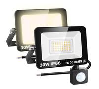 RIGIDON 2x 30W 3000 LM Focos Led Exterior Con Sensor Movimiento PIR, 3000K Blanco Cálido Foco Proyector LED IP66 Impermeable Led Floodlight Para Patio, Jardín, Garaje, Caminos, Entrada